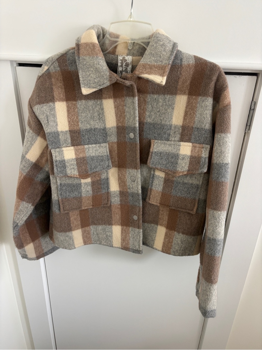 Plaid Wool-Blend Shacket Jacket - Brown & Gray